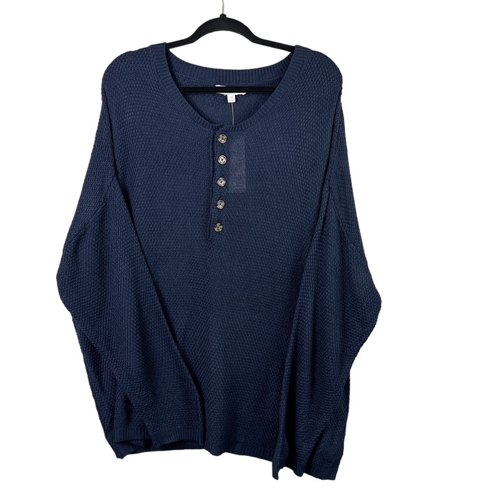 New Directions Knit Sweater Women's Semi Sheer Navy Blue Quarter Button Down 2X